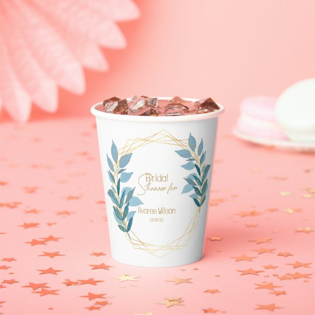 Floral Turquoise Blue and Gold Paper Cups (Insitu)