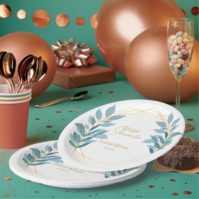 Floral Turquoise Blue and Gold Paper Plate (Multi)