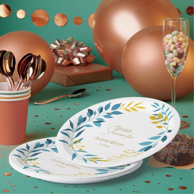 Floral Turquoise Blue and Gold Paper Plates (Multi)
