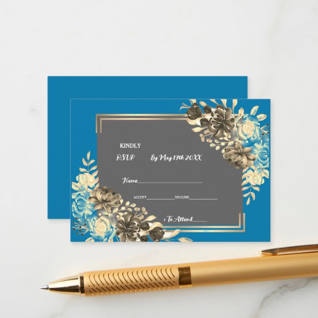 Floral Turquoise Grey & Pale Yellow Wedding Enclosure Card (Front/Back In Situ)