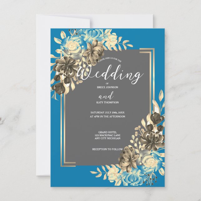 Floral Turquoise Grey & Pale Yellow Wedding Invitation (Front)