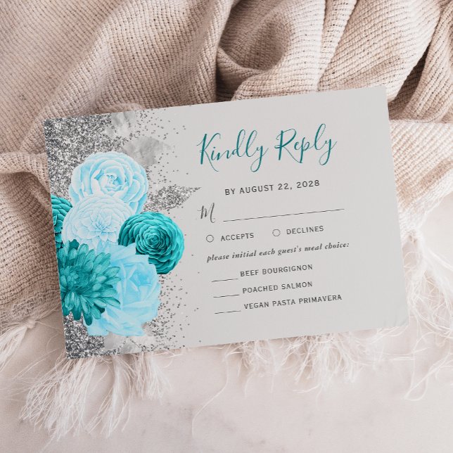 Floral Turquoise Grey Silver Meal Choice Wedding RSVP Card (Creator Uploaded)
