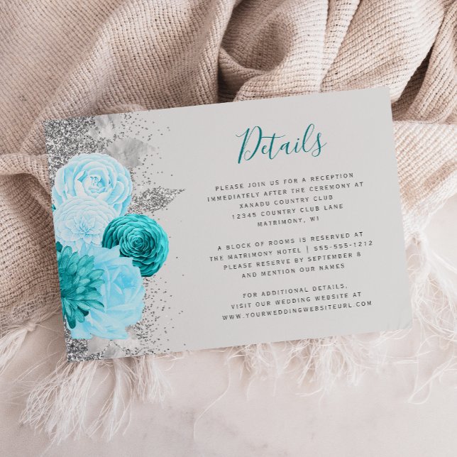 Floral Turquoise Grey Silver Wedding Details Enclosure Card (Creator Uploaded)