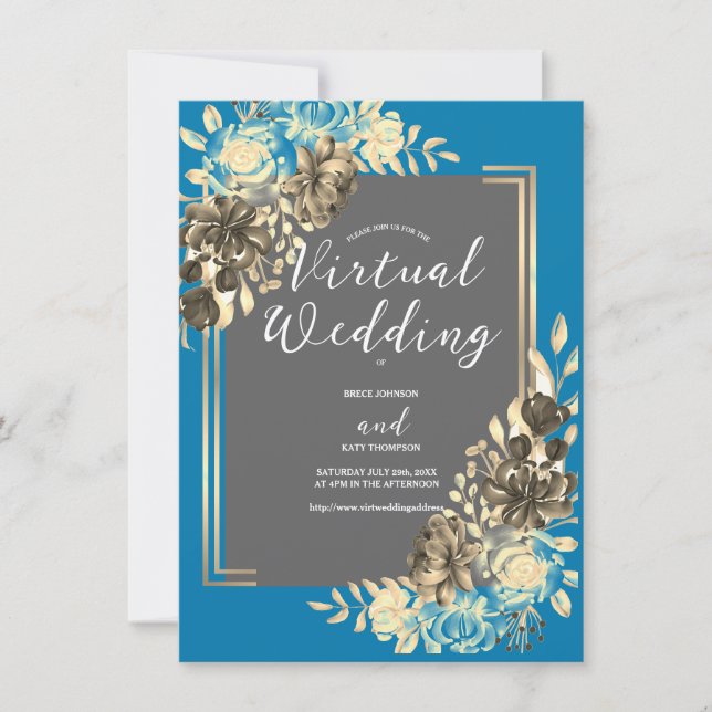 Floral Turquoise Grey Virtual Wedding Invitation (Front)