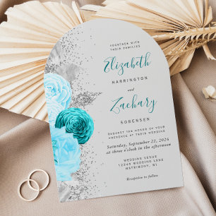 Floral Turquoise Silver Glitter Grey Arch Wedding Invitation