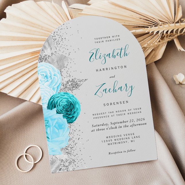 Floral Turquoise Silver Glitter Grey Arch Wedding Invitation (Creator Uploaded)