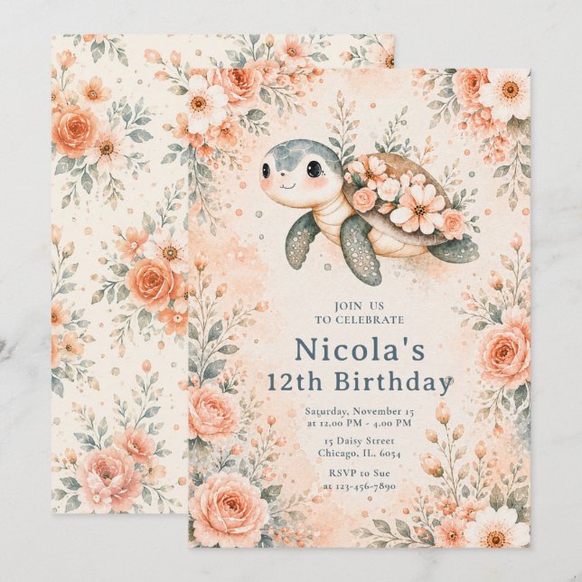 Floral Turtle Birthday Invitation (Front/Back)