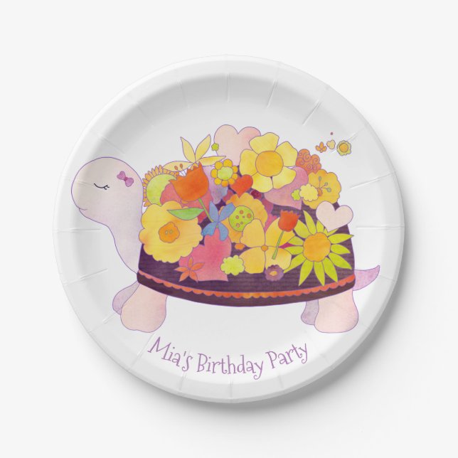 Floral Turtle Birthday Party Paper Plate (Front)