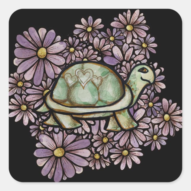 Floral Turtle Love cute Turtles Heart shell        Square Sticker (Front)