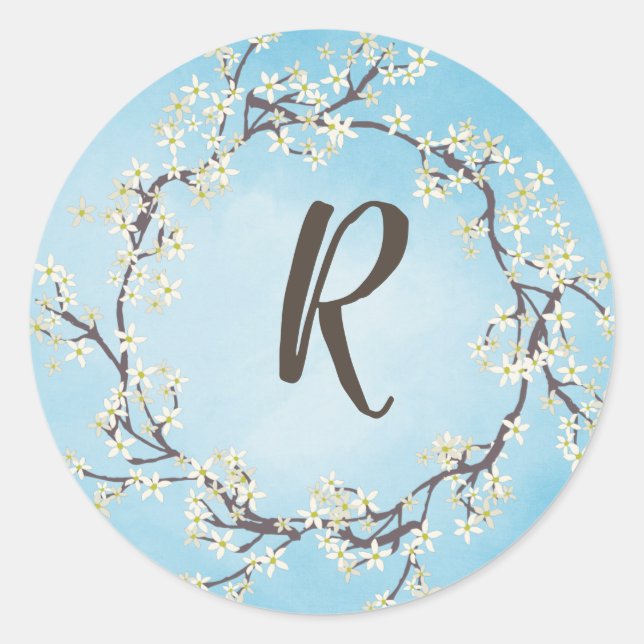 floral twig wreath with monogram classic round sticker (Front)