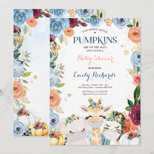 Floral Twin Safari Animals Pumpkin Baby Shower Invitation