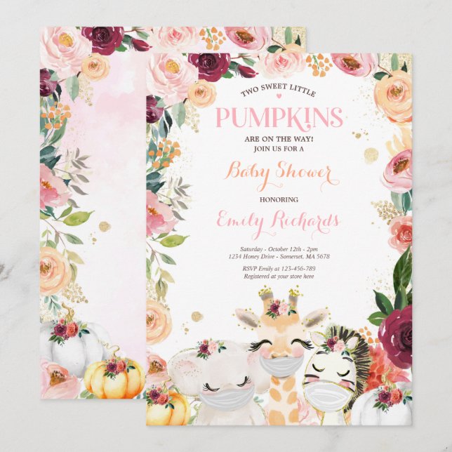 Floral Twin Safari Animals Pumpkin Baby Shower Invitation (Front/Back)