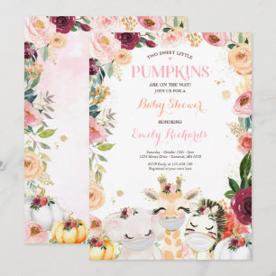 Floral Twin Safari Animals Pumpkin Baby Shower Invitation