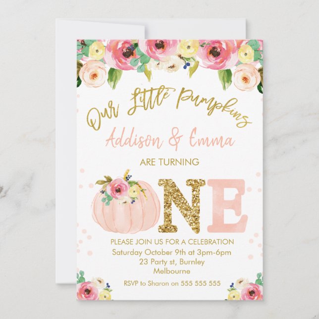  Floral Twins Our Little Pumpkin Birthday Invitation (Front)