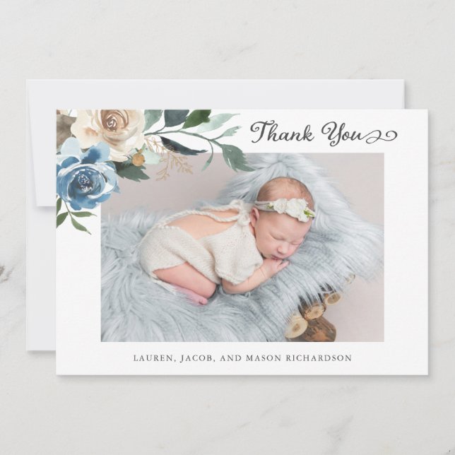 Floral Two Photo Baby Birth Announcement Thank You (Front)