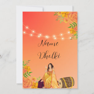 Floral two tone orange Dholki night invitation