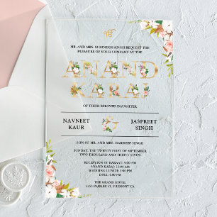 Floral Typography Anand Karaj Sikh Wedding Acrylic Invitations