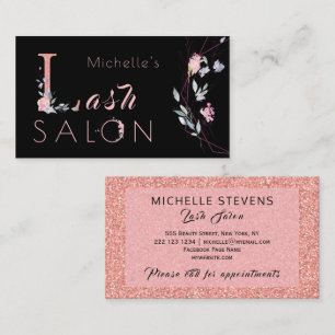 Floral typography glitter pink black glam salon business card