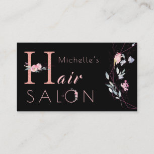 Floral typography glitter pink black glam salon business card
