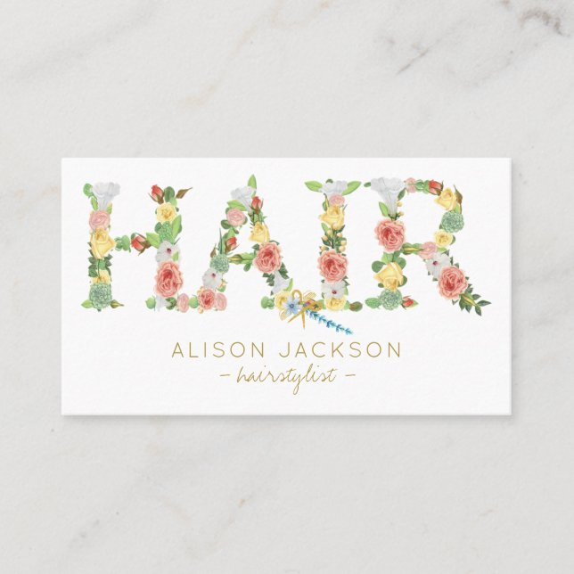 Floral typography hairstylist hair salon business card (Front)