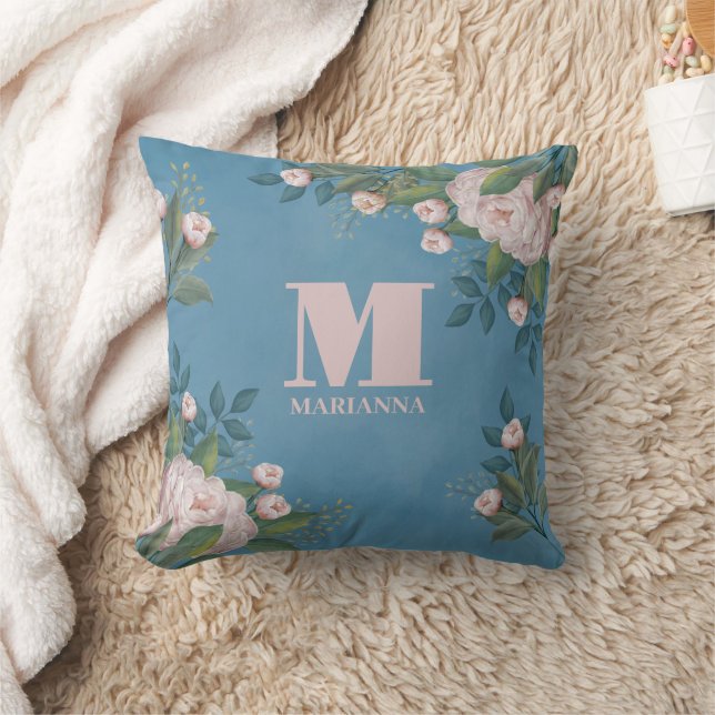 Floral Typography Monogram Pink Rose Cushion (Blanket)