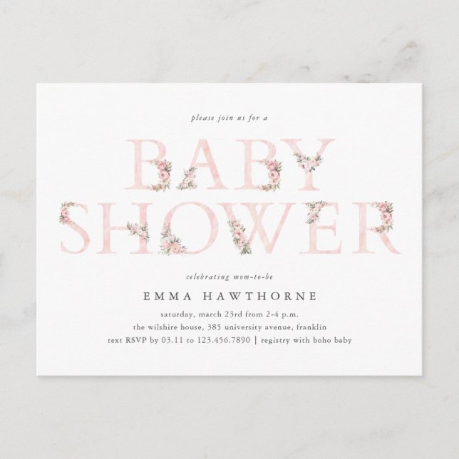 Floral Typography Pink Baby Shower Invitation Postcard (Front)