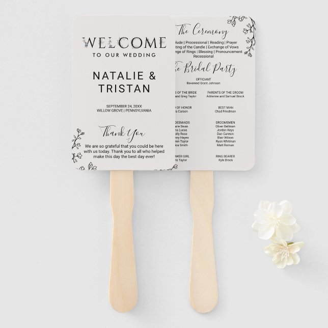 Floral Typography Wedding Program Hand Fan (Front and Back)