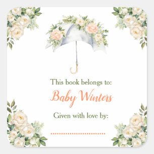 Floral Umbrella Baby Shower Bookplate Square Sticker