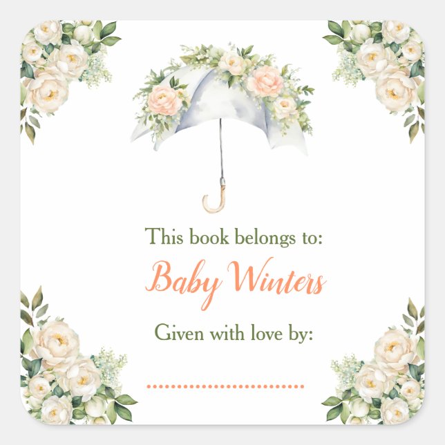 Floral Umbrella Baby Shower Bookplate Square Sticker (Front)