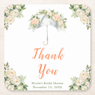 Floral Umbrella Bridal Shower Square Paper Coaster