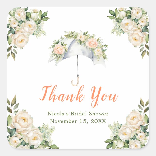 Floral Umbrella Bridal Shower Square Sticker (Front)