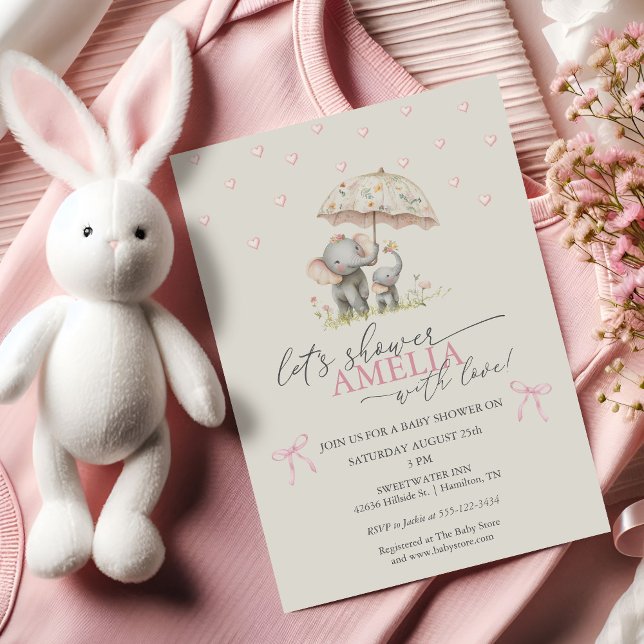 Floral Umbrella Elephant Baby Girl Shower Invitation (Floral Umbrella Elephant Baby Girl Shower Invitation)