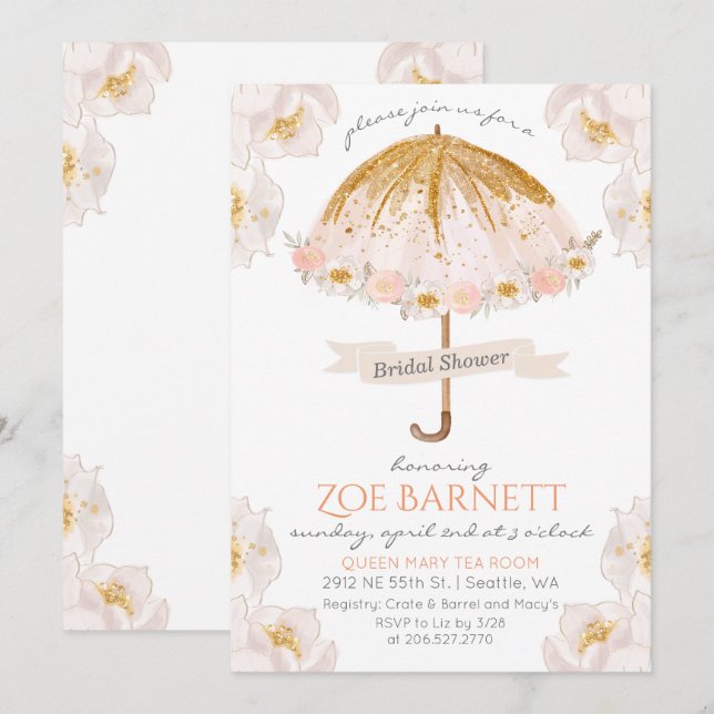 Floral Umbrella Glitter Bridal Shower Invitation (Front/Back)