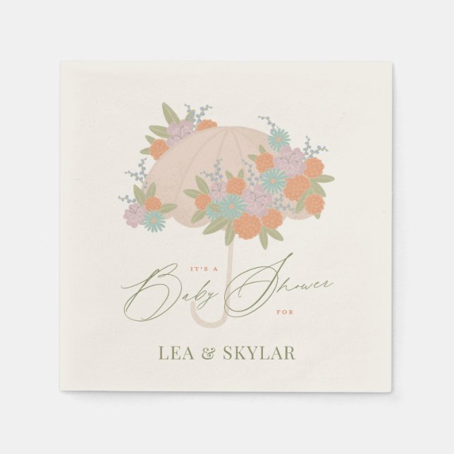 Floral Umbrella Neutral Unisex Baby Shower Napkin (Front)