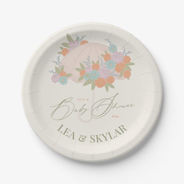 Floral Umbrella Neutral Unisex Baby Shower Paper Plate (Front)