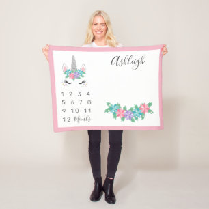 Floral Unicorn Baby Monthly Milestone Fleece Blanket