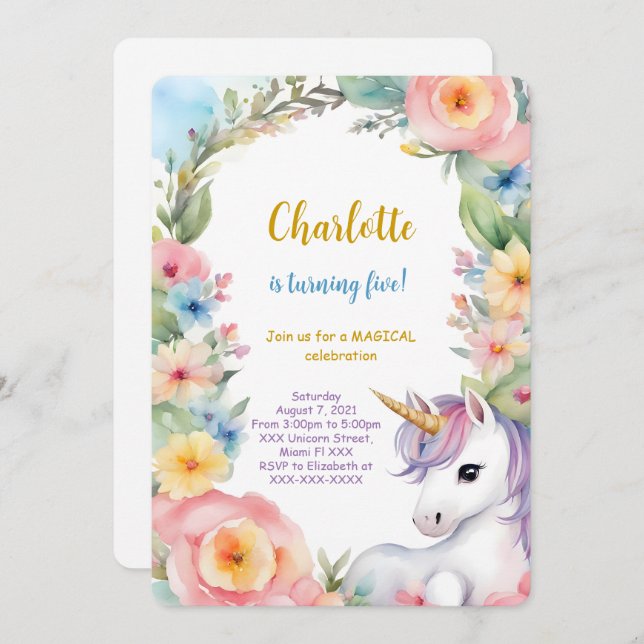 Floral Unicorn Birthday Invitation (Front/Back)