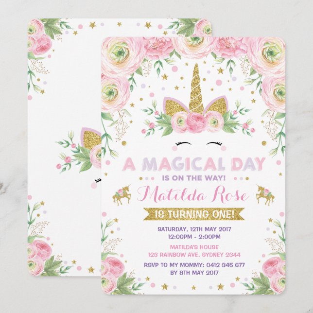 Floral Unicorn Birthday Invitation Pink Gold Party (Front/Back)