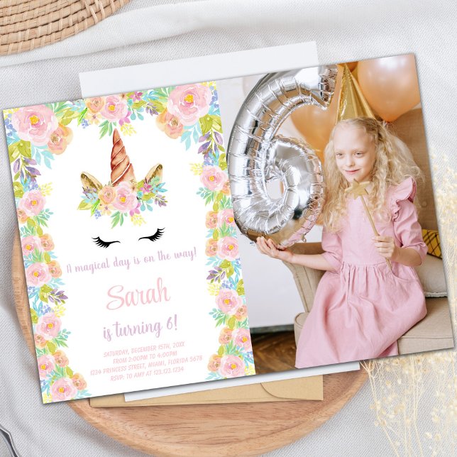 Floral Unicorn Birthday Invitation with photo (Floral Pink purple Unicorn Birthday Photo Invitation)