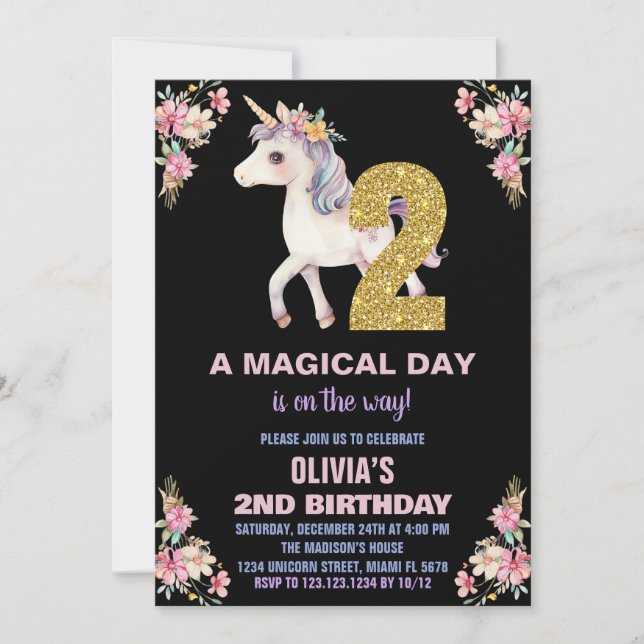 Floral Unicorn Birthday Invitations (Front)