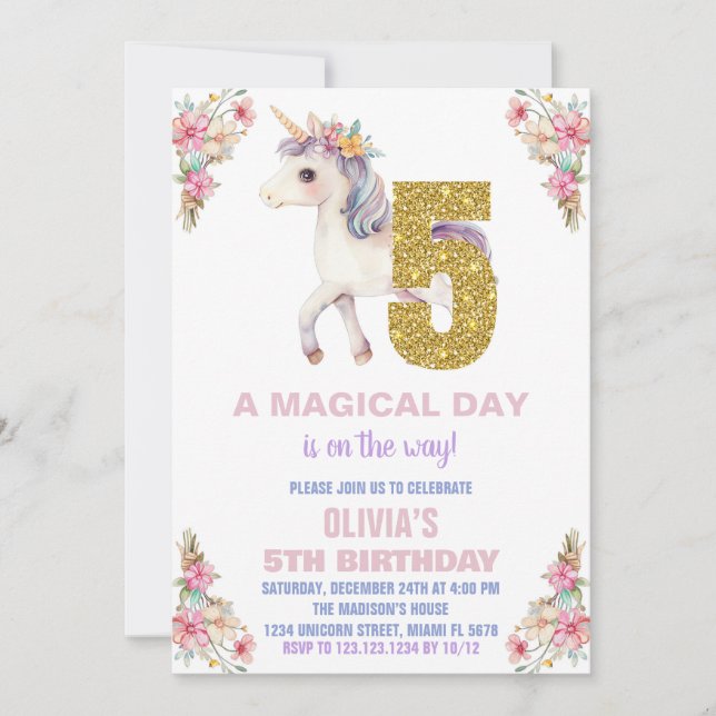 Floral Unicorn Birthday Invitations (Front)