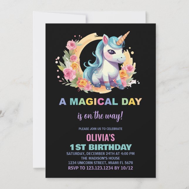 Floral Unicorn Birthday Invitations (Front)