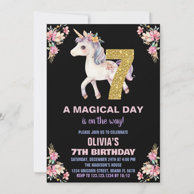 Floral Unicorn Birthday Invitations (Front)