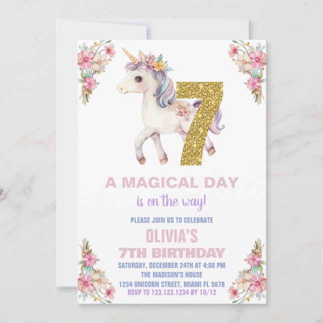 Floral Unicorn Birthday Invitations (Front)