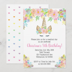 Floral Unicorn Birthday Invitations for Girls
