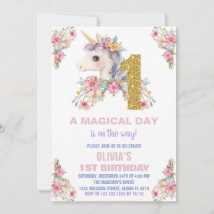 Floral Unicorn Birthday Invitations Glitter