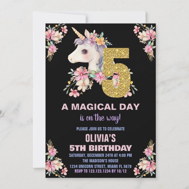 Floral Unicorn Birthday Invitations Glitter (Front)