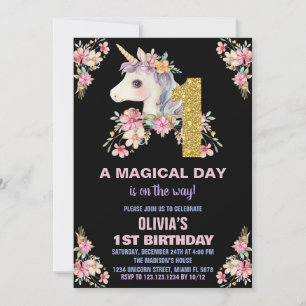Floral Unicorn Birthday Invitations Glitter