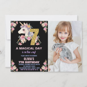 Floral Unicorn Birthday Invitations Glitter photo