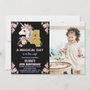 Floral Unicorn Birthday Invitations Glitter photo